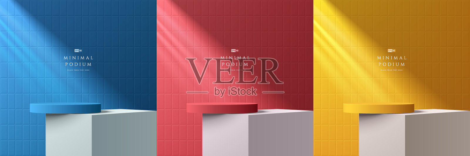 一套三维红，蓝，黄讲台上的白色立方体桌子的背景。极简设计中的抽象构图。3D工作室展示陈列室产品底座，时装舞台展示样机场景。插画图片素材