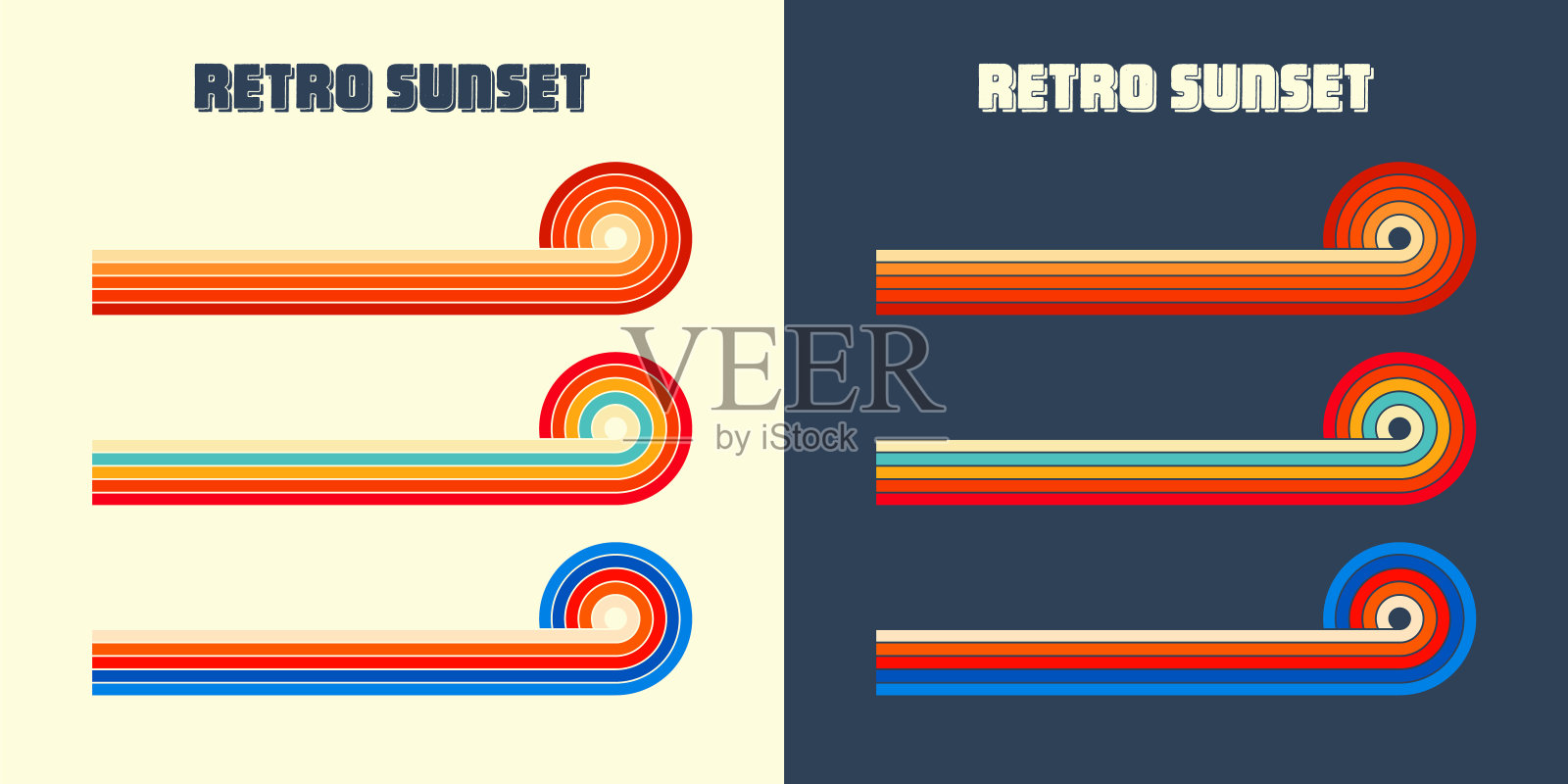 水平的复古日落。各种八九十年代风格的彩色条纹日出徽章。阳光和海景，夏日氛围，冲浪。设计元素，印花，标志或t恤。矢量图插画图片素材