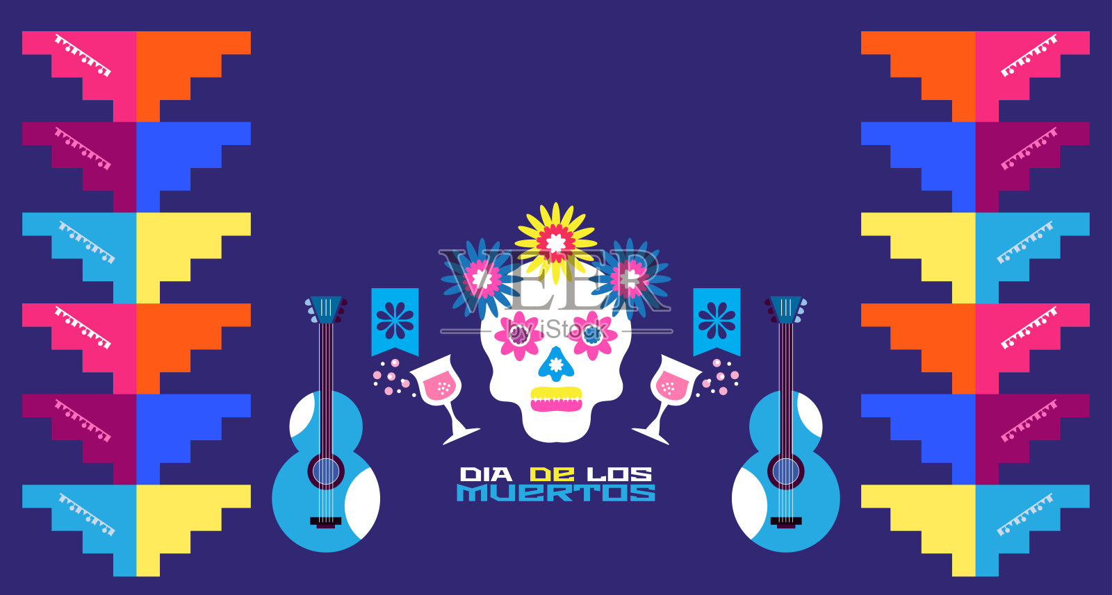 亡灵节，亡灵节或万圣节贺卡，横幅，背景糖头骨，蜡烛，沙球，吉他，宽边帽，金盏花，alavera la卡特里娜飓风骨架矢量插画图片素材