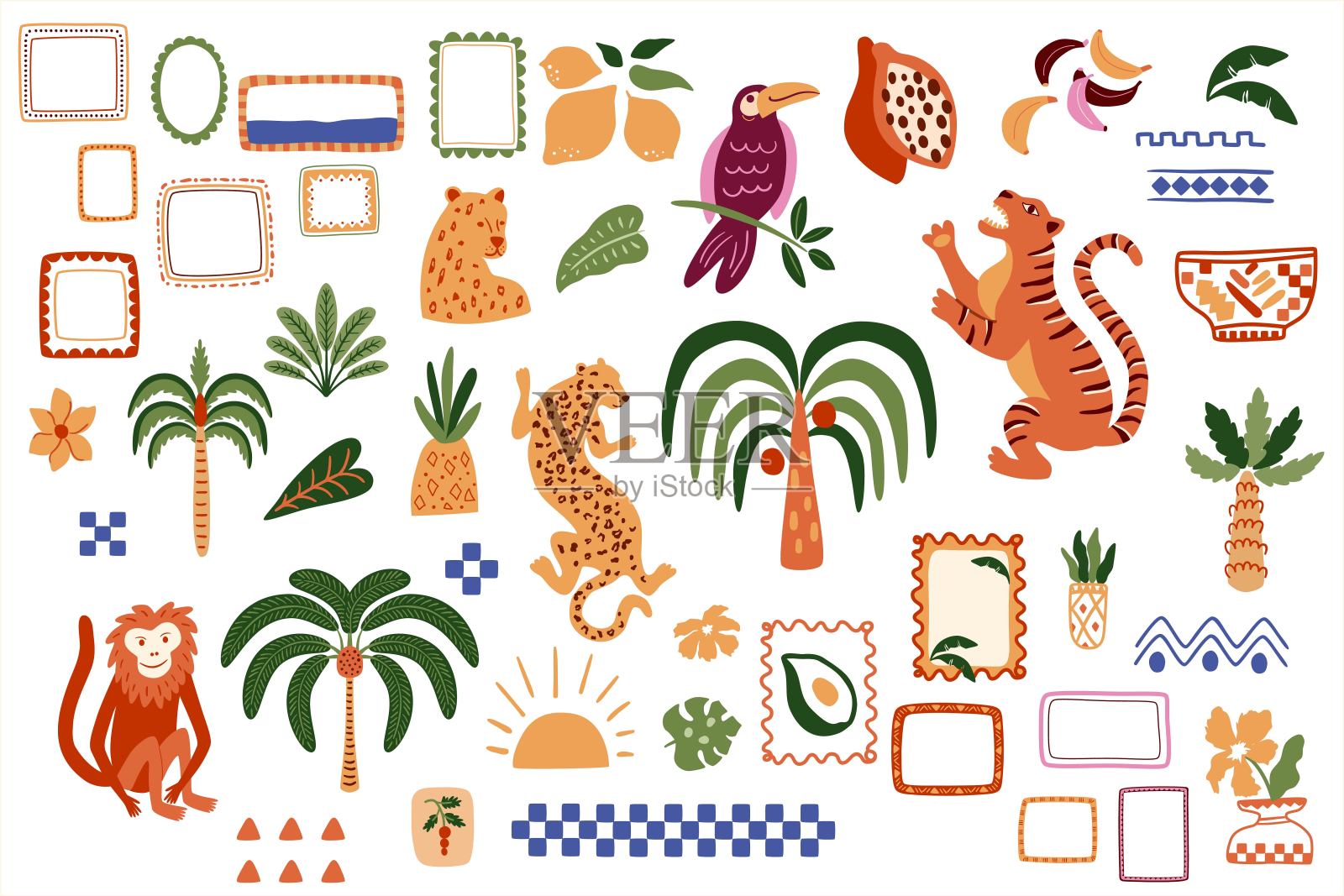 热带丛林暑假元素孤立在白色。野生动物，棕榈树，框架，邮票矢量剪贴艺术。插画图片素材