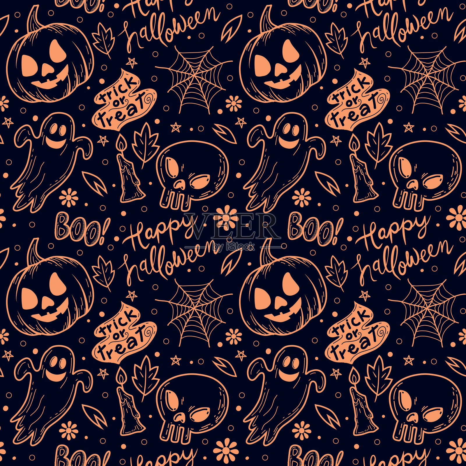 万圣节无缝图案-令人毛骨悚然的南瓜灯与可怕的面孔，传统的节日万圣节符号，无缝纹理插画图片素材