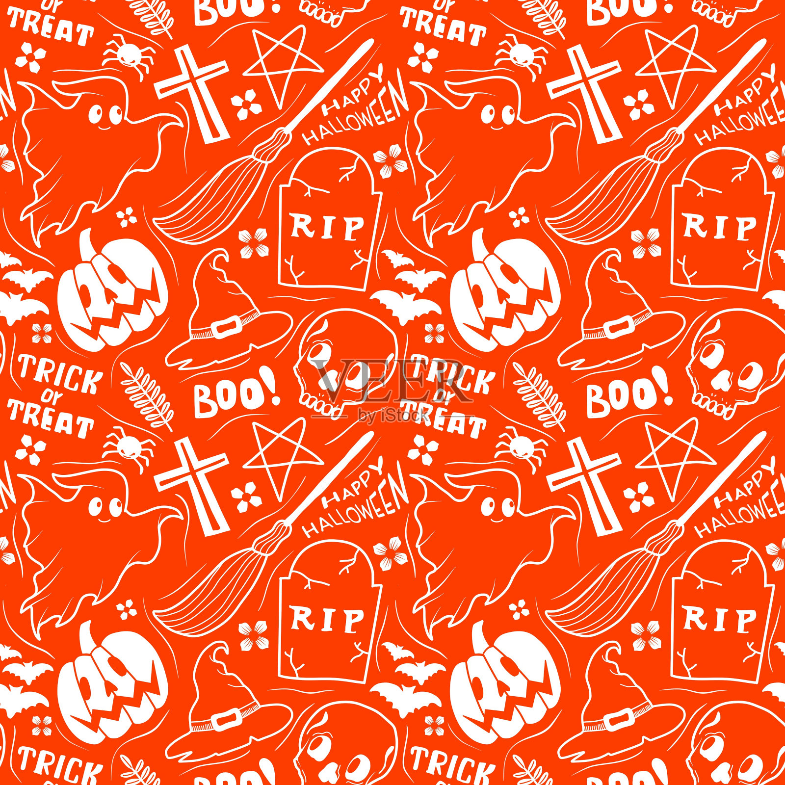 万圣节无缝图案-令人毛骨悚然的南瓜灯与可怕的面孔，传统的节日万圣节符号，无缝纹理插画图片素材