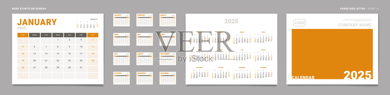 一套2025页月历策划模板，封面与照片的地方，公司标志，每年。设计矢量日历页面大小字母-8.5x11准备打印。周日开始一周插画图片素材