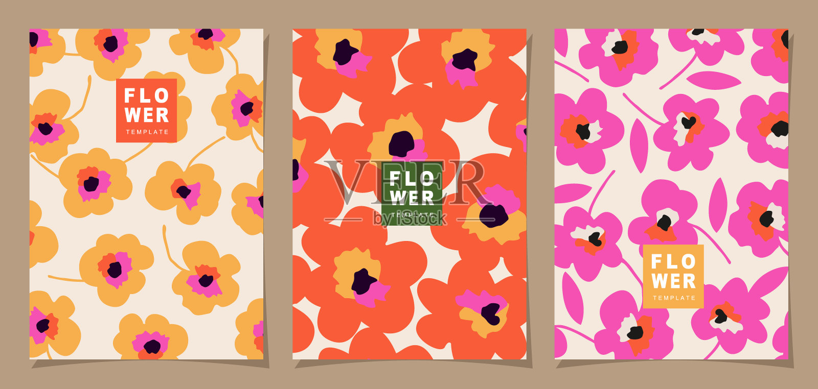 花卉模板集海报，卡片，封面，标签，横幅在现代极简主义风格和简单的夏季设计背景与花卉和植物。插画图片素材