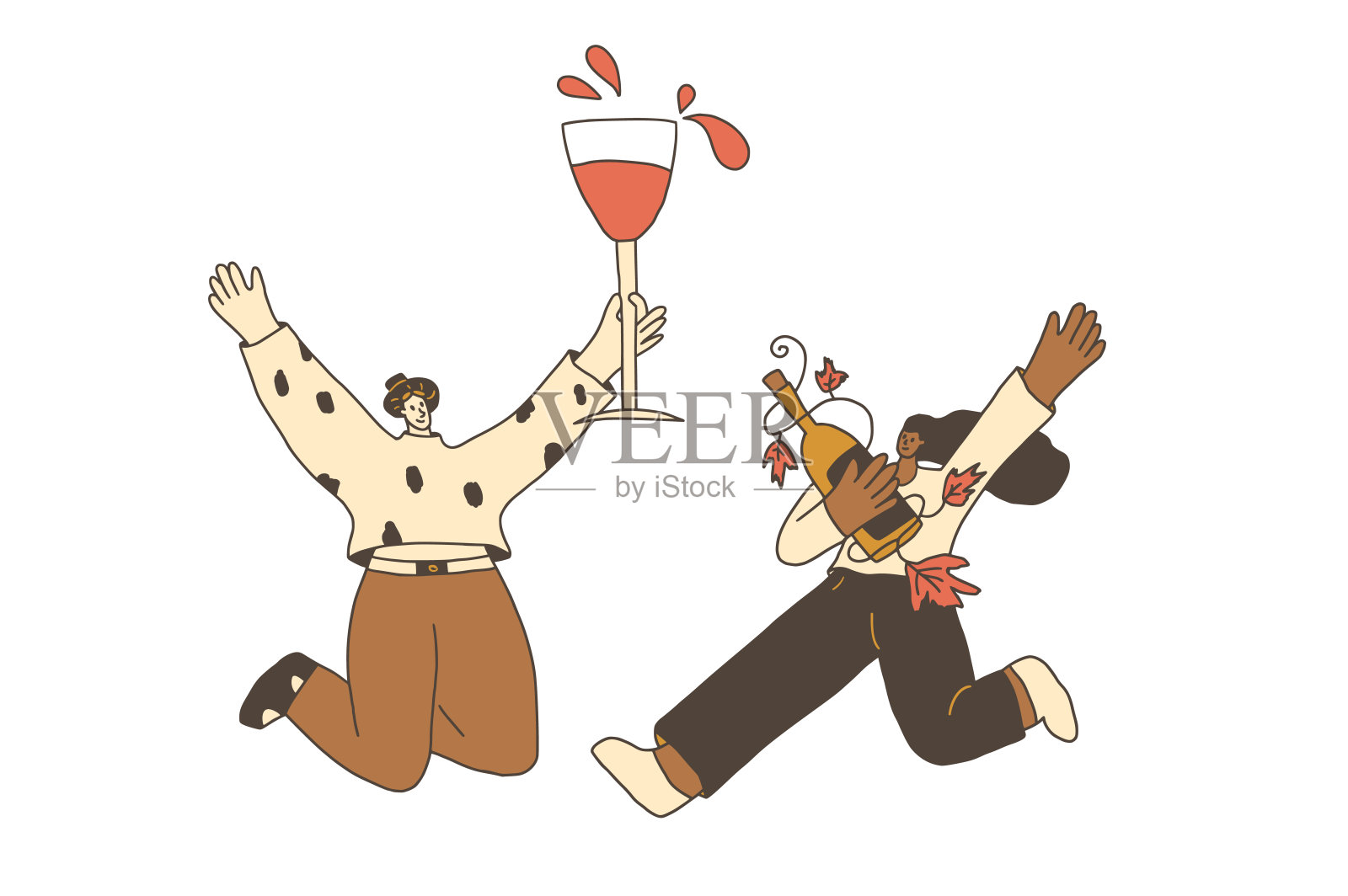 朋友聚会用饮料。品酒会。可爱的人物与葡萄酒杯和瓶子。矢量手绘插图孤立的白色背景。插画图片素材