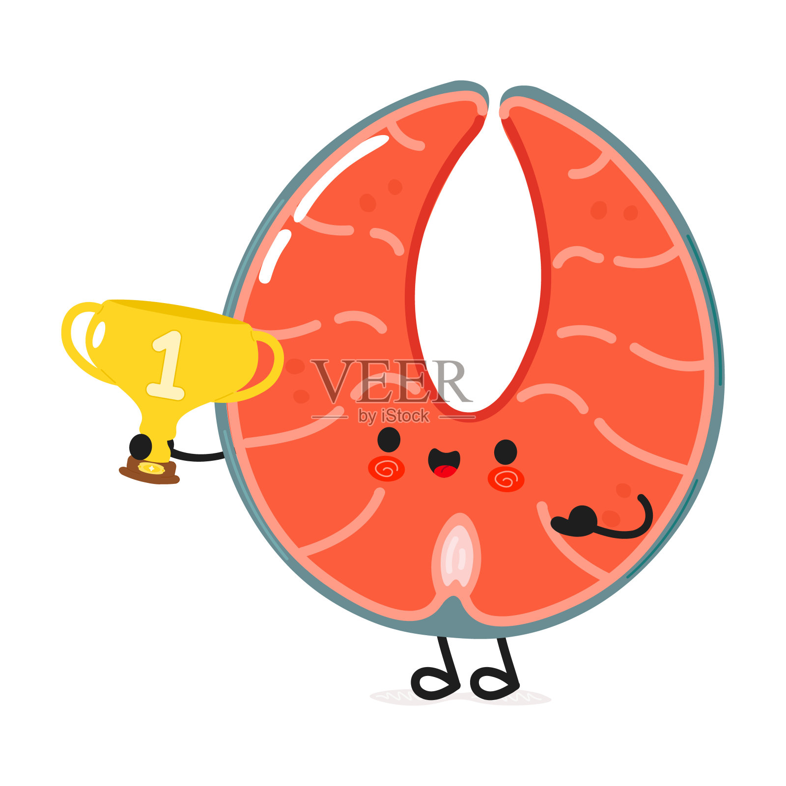 可爱有趣的红鱼鲑鱼拿着金杯奖杯插画图片素材