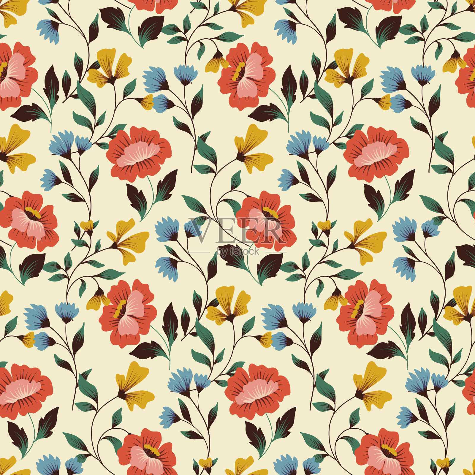 无缝的花卉图案，抽象的自然设计:大手绘花，叶，小树枝在复古风格。矢量插图。插画图片素材