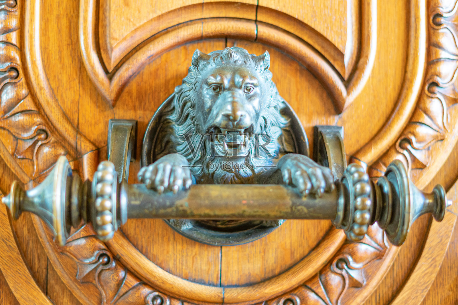 复古风格的金属门把手代表一只狮子照片摄影图片