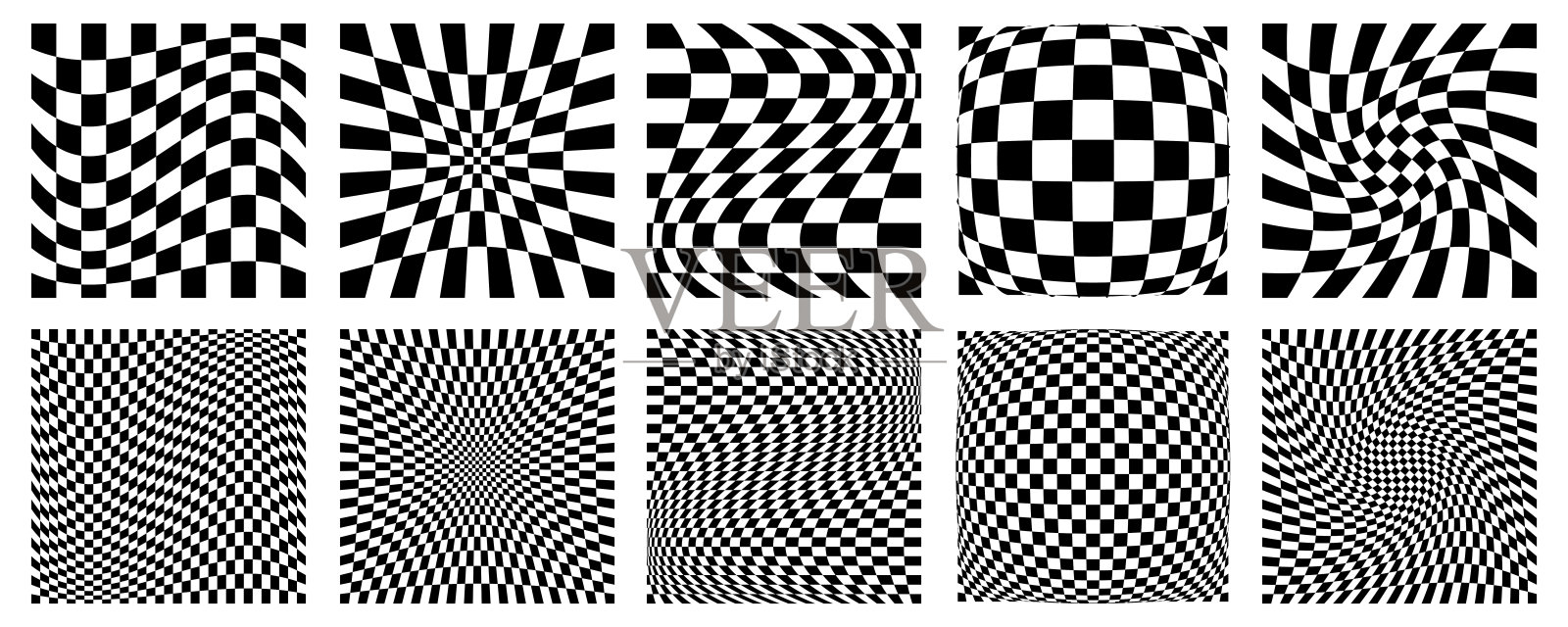 扭曲凸无缝棋盘图案，方格背景与扭曲效果插画图片素材