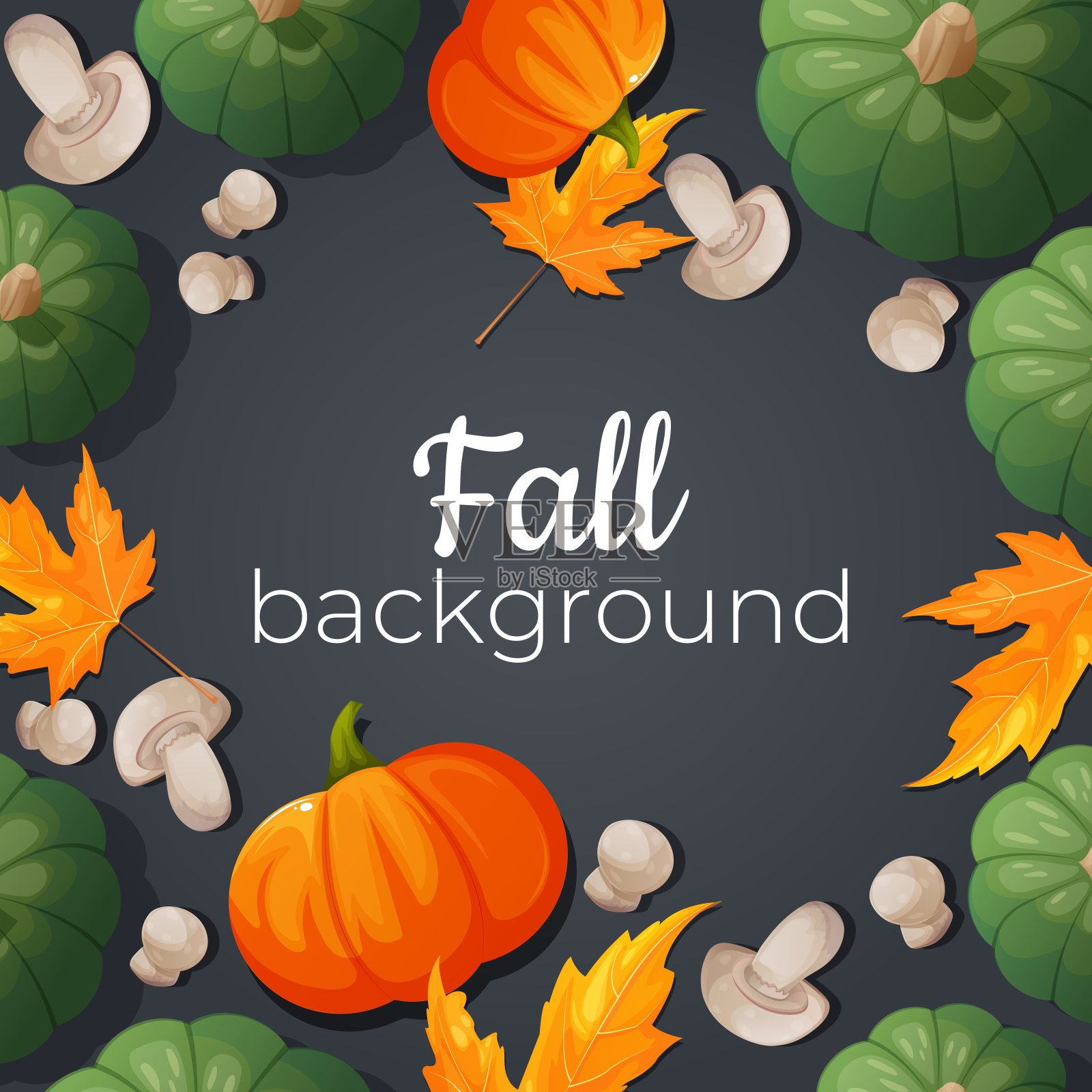 深秋的背景设计与南瓜，树叶，蘑菇。秋天构图的矢量插图。后台设计插画图片素材