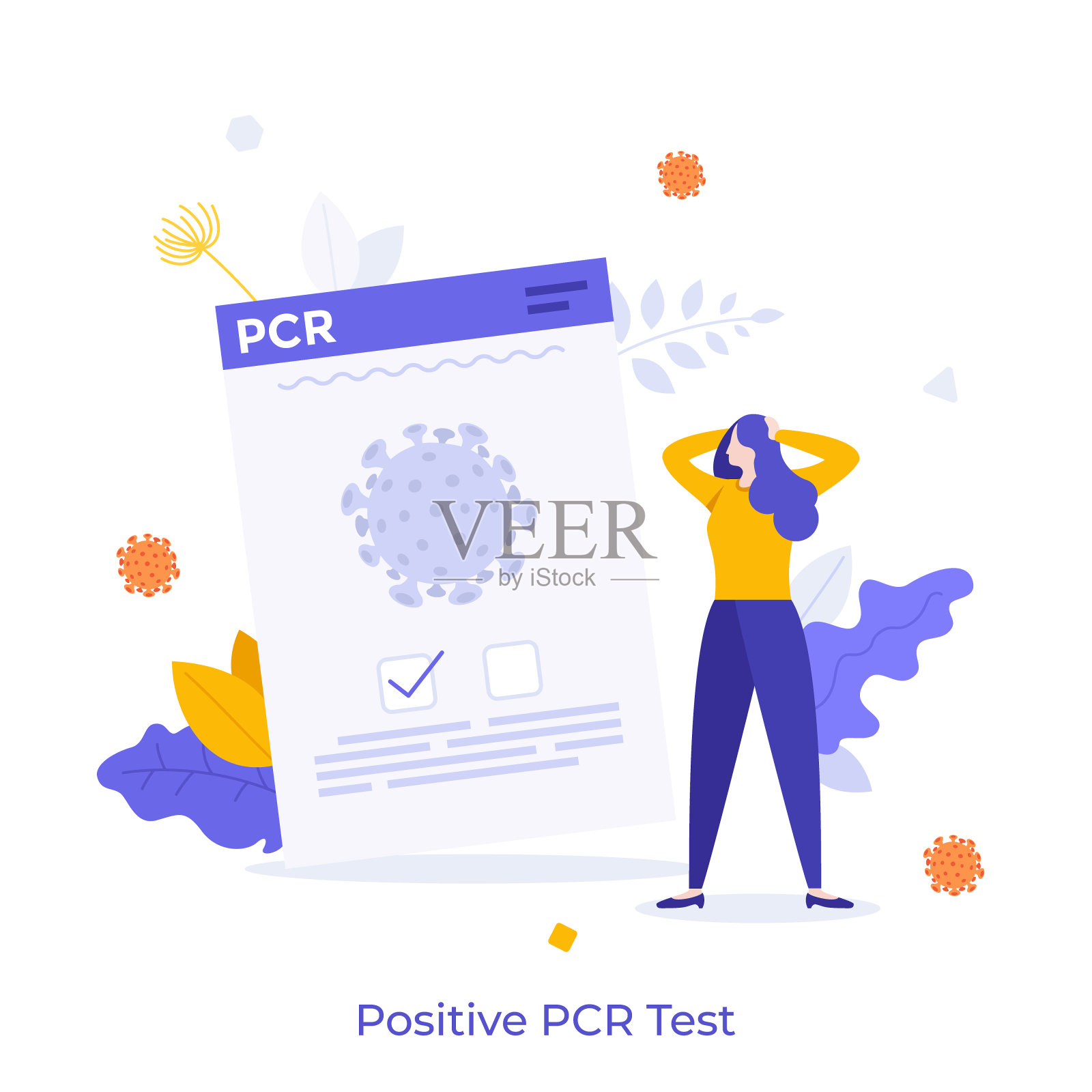 妇女和证实病毒感染的文件。PCR阳性结果的概念，COVID-19感染状态的确认，冠状病毒检测诊断。平面矢量插图的横幅。插画图片素材