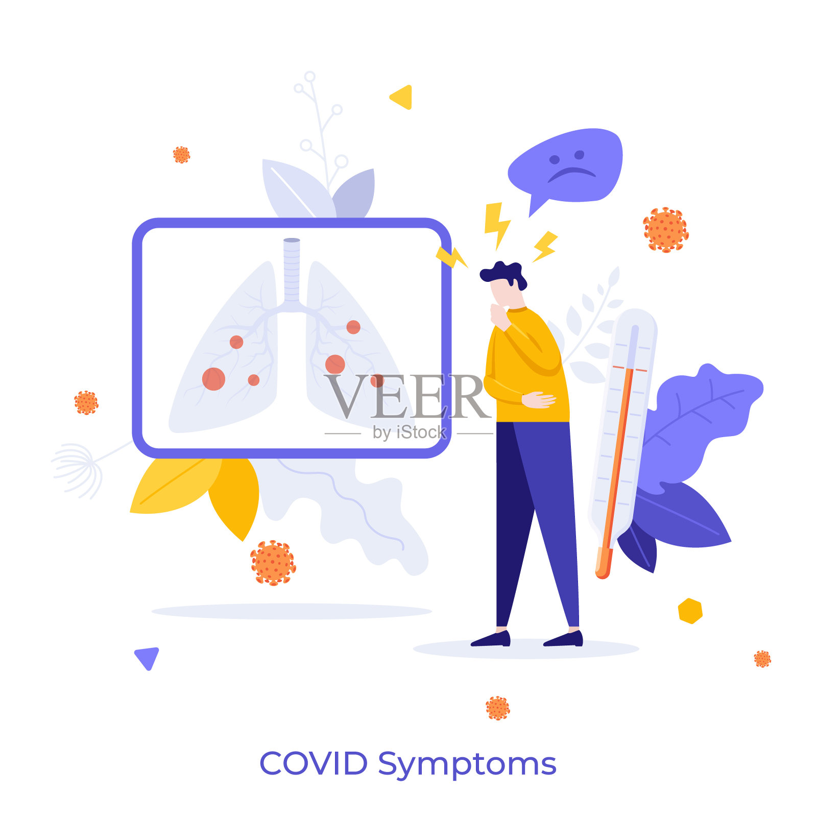 咳嗽或打喷嚏的男子，温度计显示高体温，肺部炎症。新冠病毒或冠状病毒症状的概念。用于海报、banner的现代扁平彩色矢量插图插画图片素材