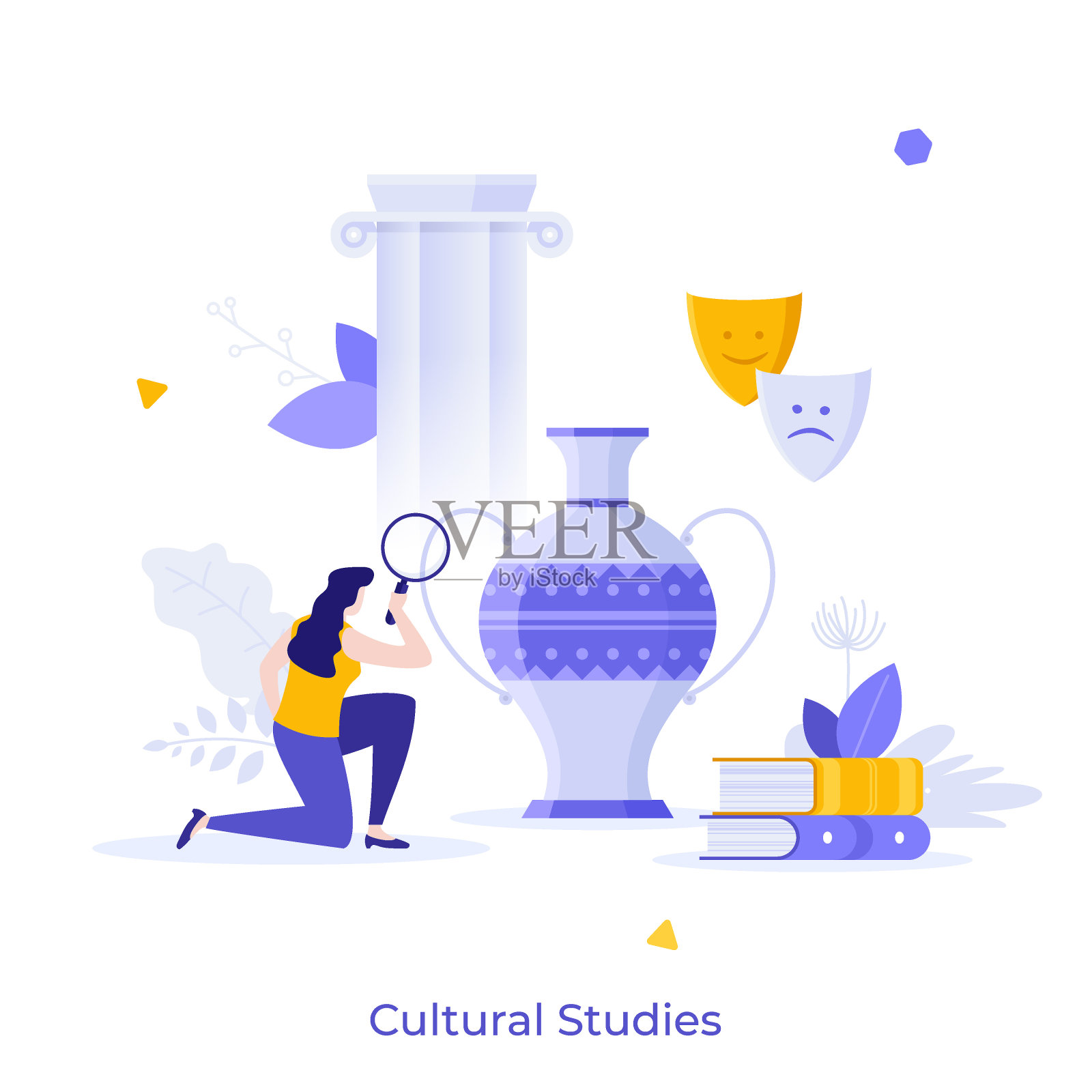 文化学家用放大镜研究古代花瓶。文化学概念、文化研究、文化科学、历史传承。现代平面矢量插图的横幅，海报。插画图片素材