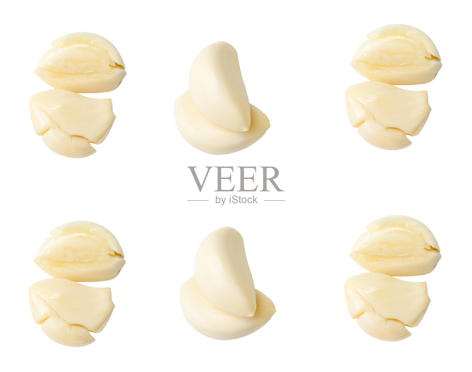 Topv视图集去皮捣碎蒜瓣孤立在白色背景与剪辑路径照片摄影图片