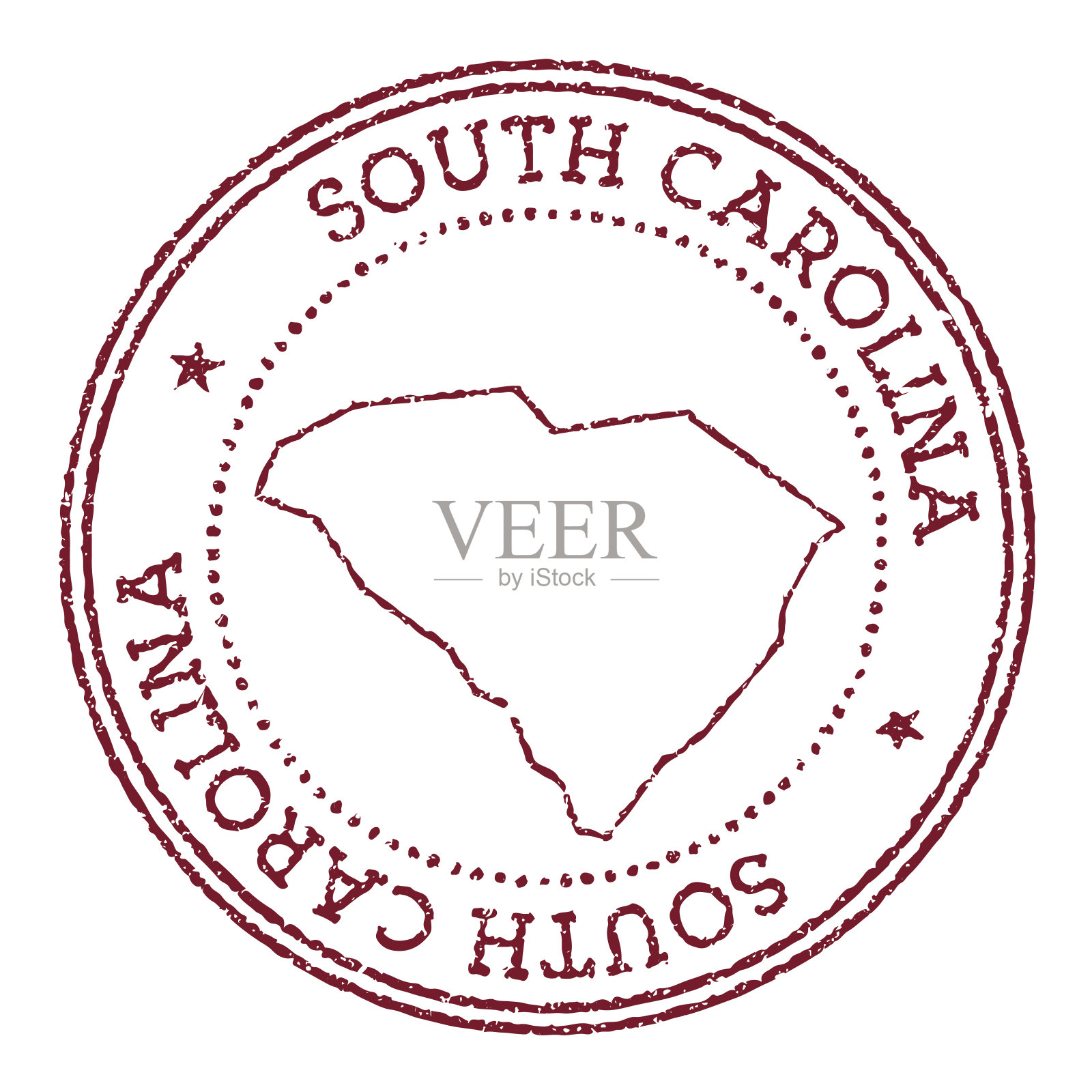 南卡罗来纳圆形橡皮图章与美国州地图。复古红色护照邮票与圆形文字和星星，矢量插图。插画图片素材