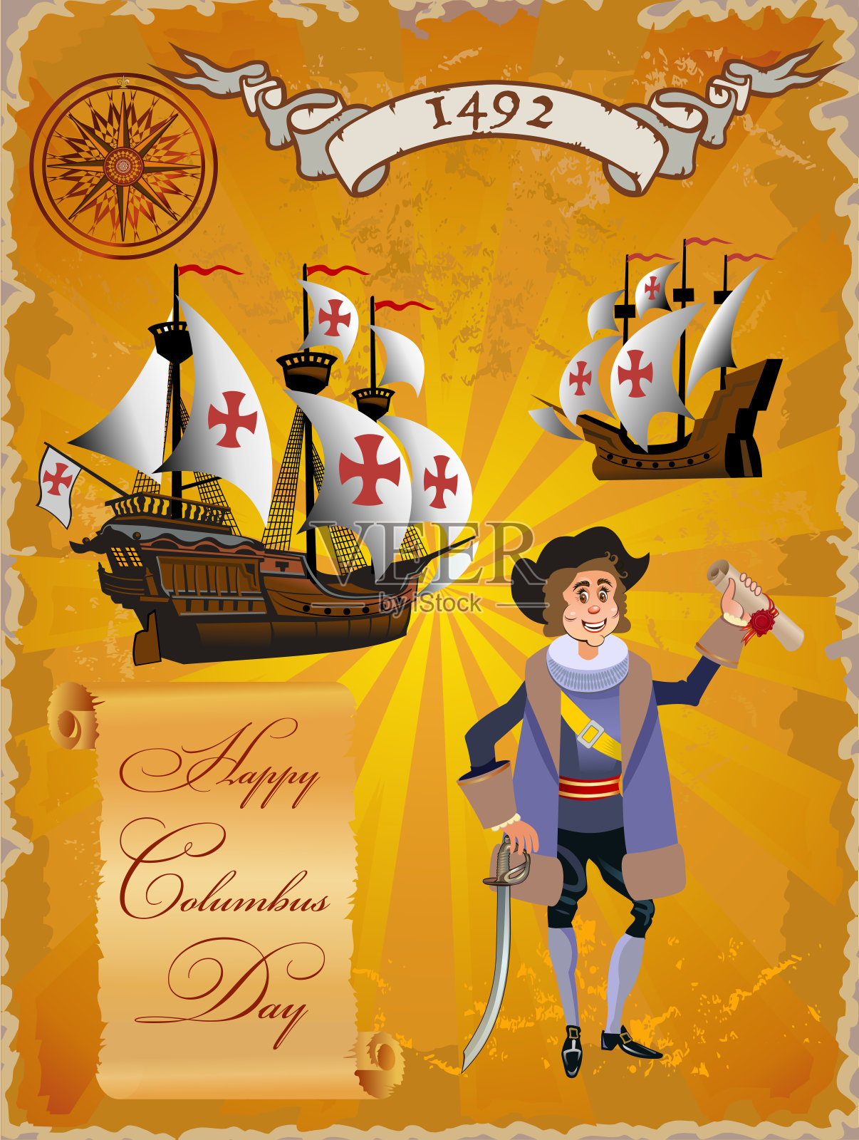 帆船漂浮在海浪上。卡拉维尔圣玛丽亚。哥伦布日快乐插画图片素材