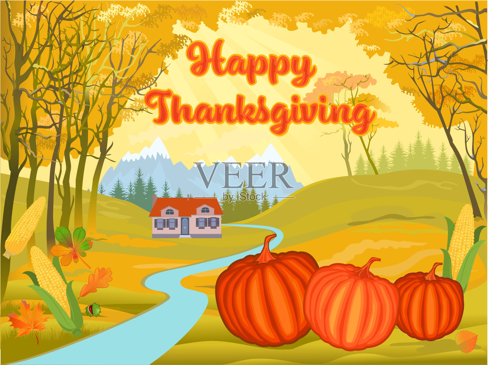 带有南瓜、玉米和树叶的感恩节快乐文本插画图片素材