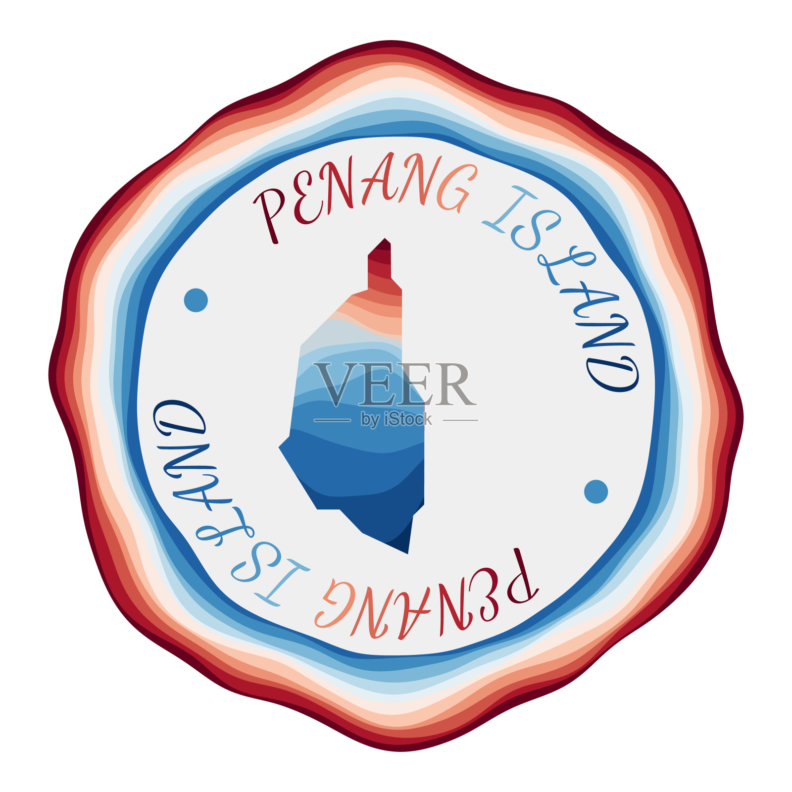 槟城岛徽章。岛上的地图有美丽的几何波浪和充满活力的红蓝色框架。生动的圆形槟城标志。矢量插图。插画图片素材