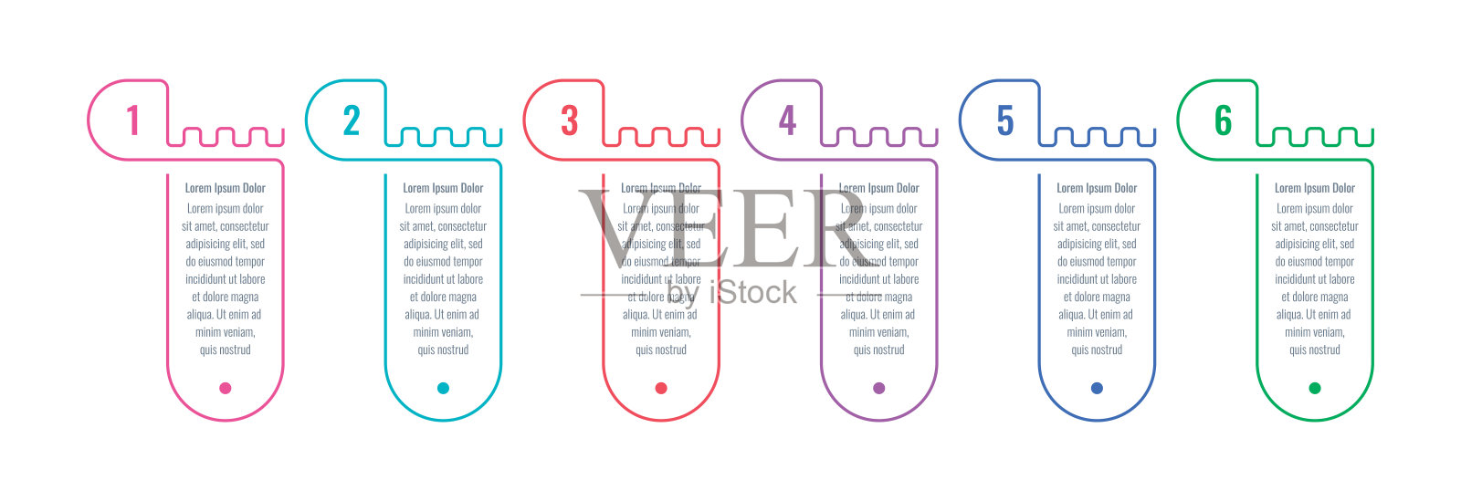 线性信息图表模板。六步简报模板。年度报告，杂志信息模板。用于能源、工业、医疗保健、商业、技术、科学的信息图模板插画图片素材