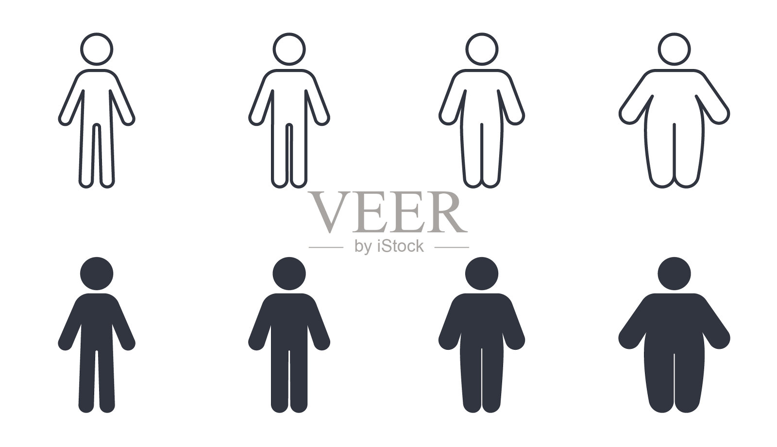 矢量图标人体。不同类型的身材从瘦到胖的男人。饮食，健康的生活方式和暴饮暴食，肥胖。可编辑的笔触细线和黑色实心集插画图片素材