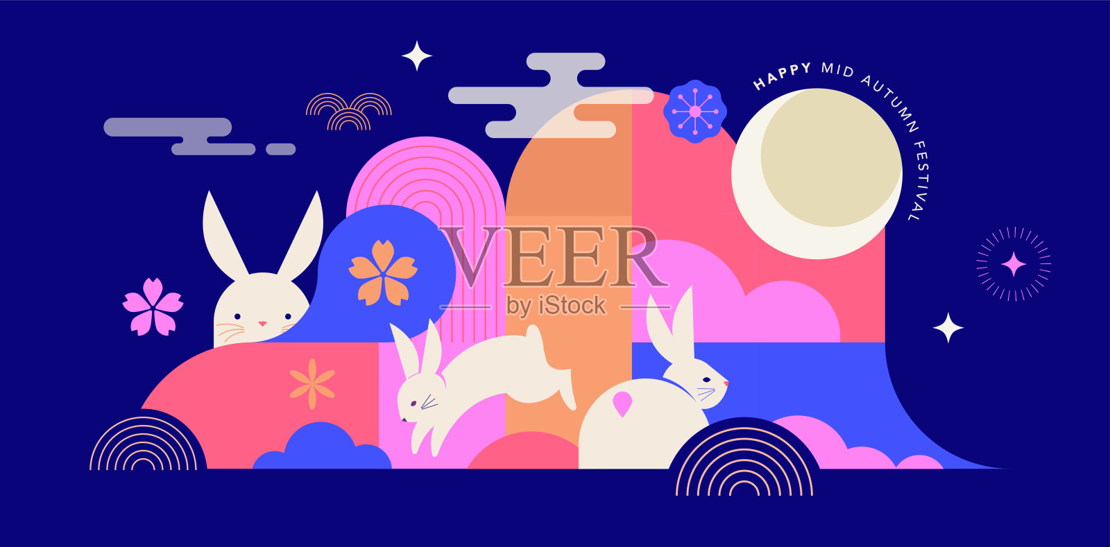 中秋横幅、背景、海报。几何风格设计，采用满月、兔子、中秋等元素。中文翻译——中秋插画图片素材