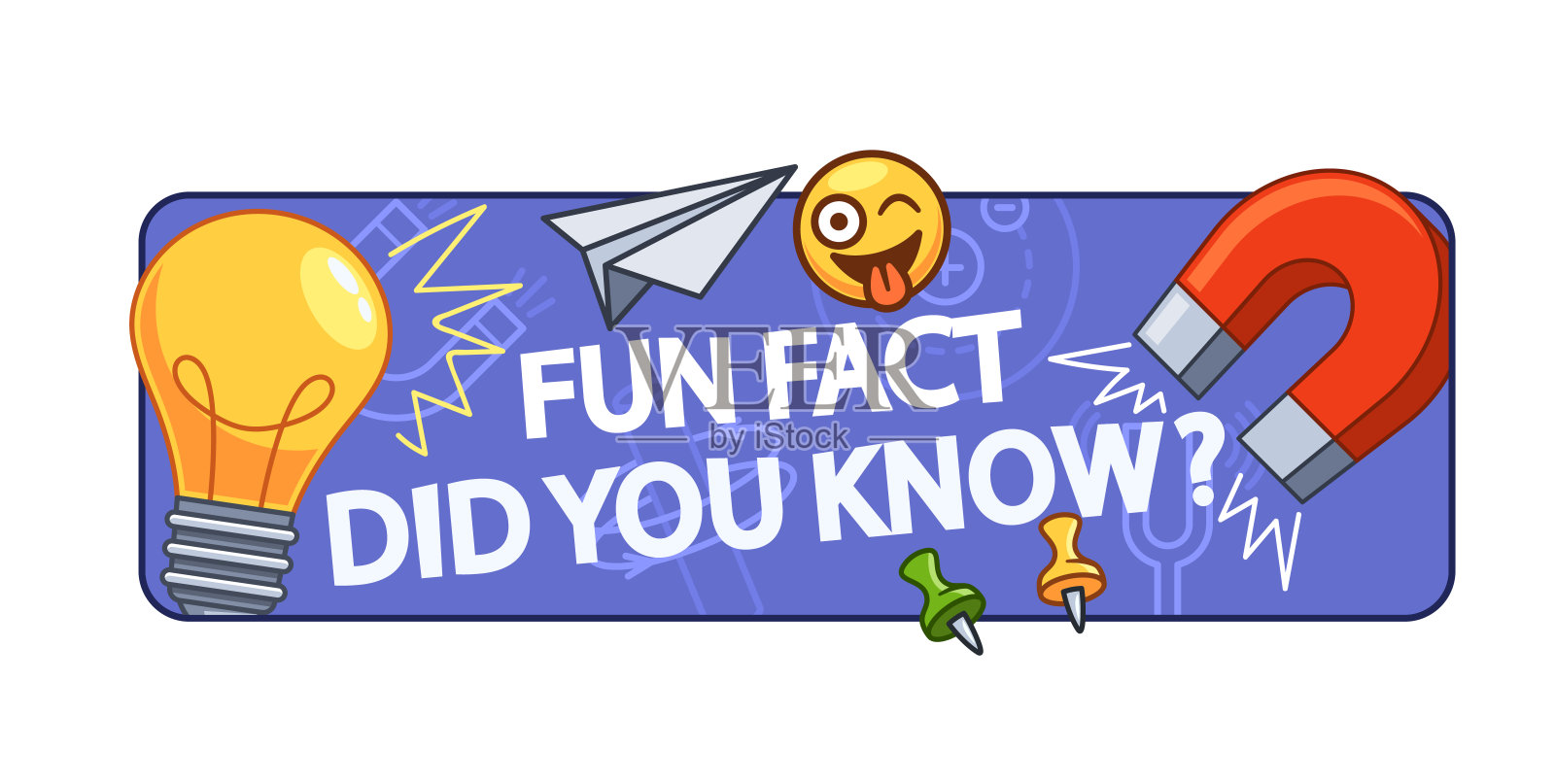 你知道文字和卡通图标吗?包括灯泡、纸飞机、磁铁和表情符号插画图片素材