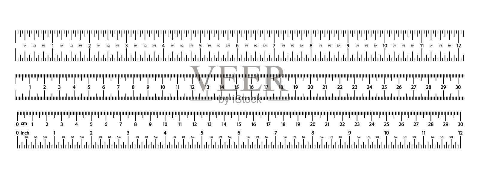 图像的三个线性向量测量尺子都标有英寸和厘米，测量工具插画图片素材