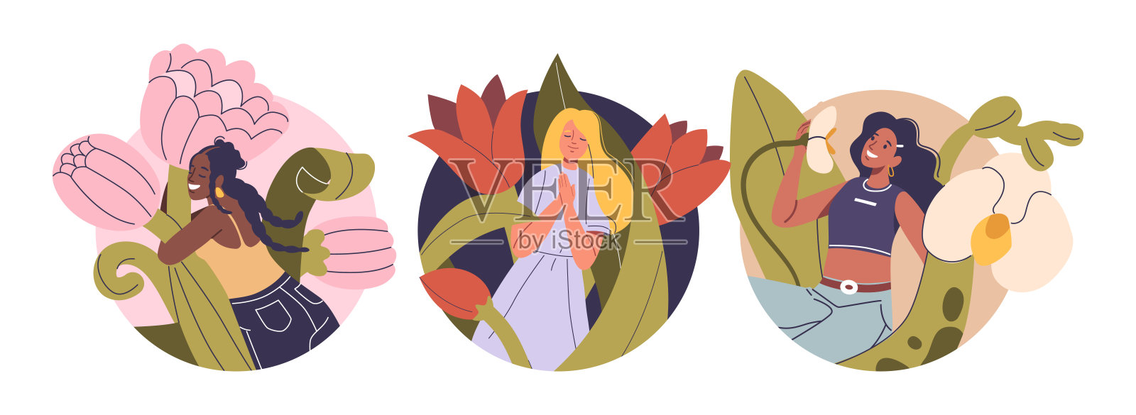 孤立的矢量圆形图标或头像与卡通快乐的女孩角色享受和放松对巨大的花朵插画图片素材