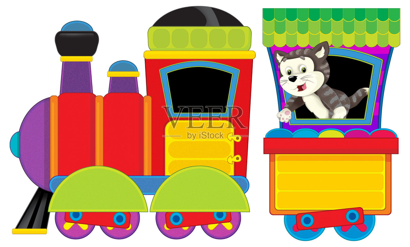 卡通有趣的火车车厢和机车与农场动物穿过草地插图儿童插画图片素材