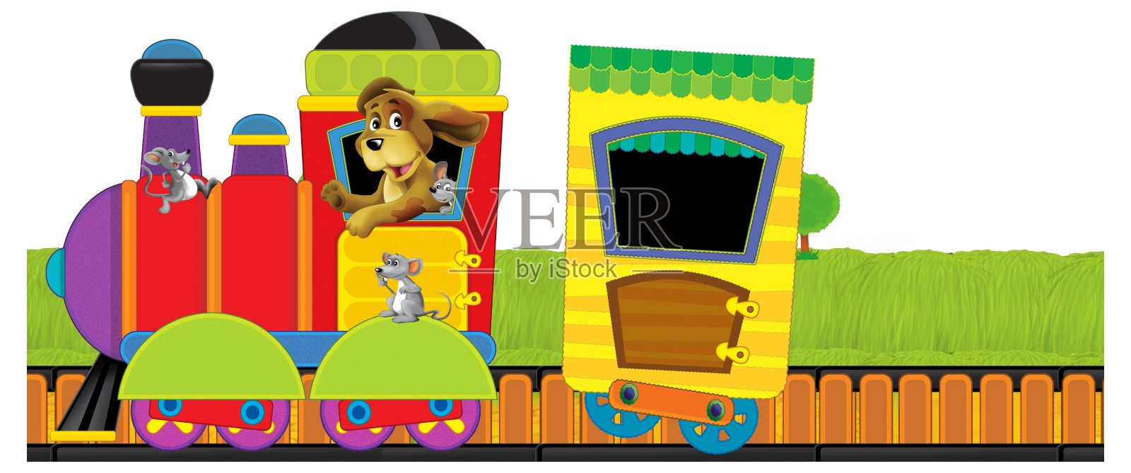卡通有趣的火车车厢和机车与农场动物穿过草地插图儿童插画图片素材