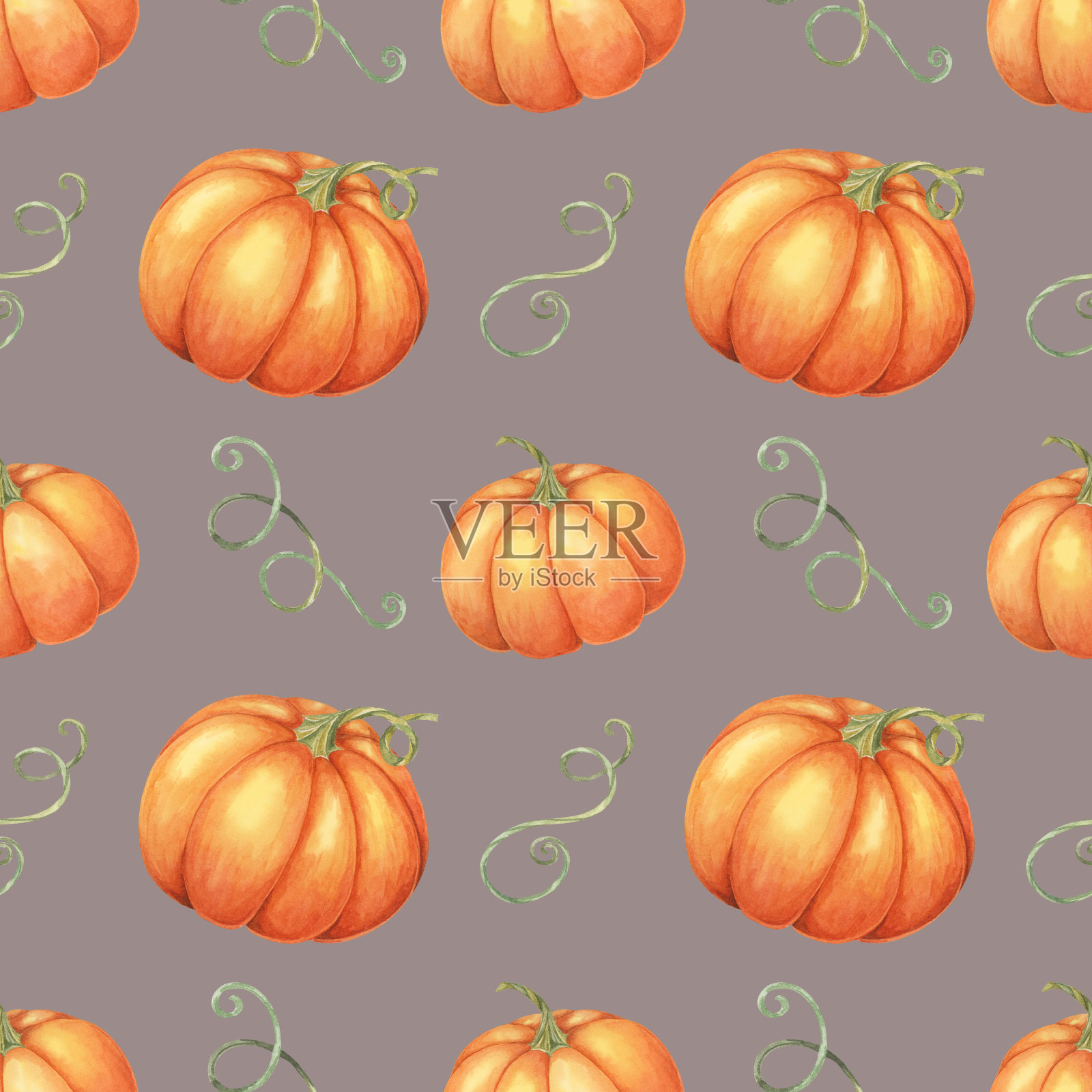 橙色南瓜和绿色藤蔓背景剪贴画。水彩无缝图案用于家居装饰，活动邀请，主题商品插画图片素材