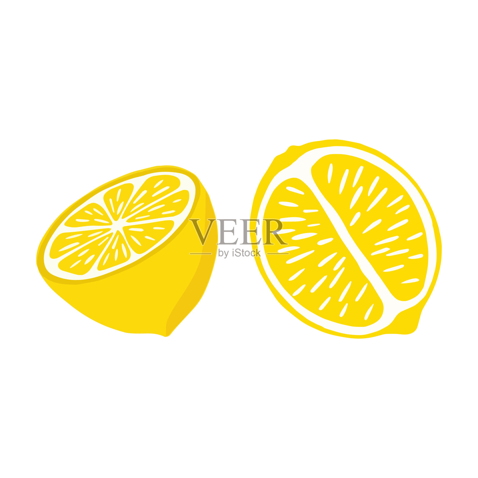柠檬是明亮的扁平风格。柠檬分成两半，突出显示在白色背景上。插画图片素材
