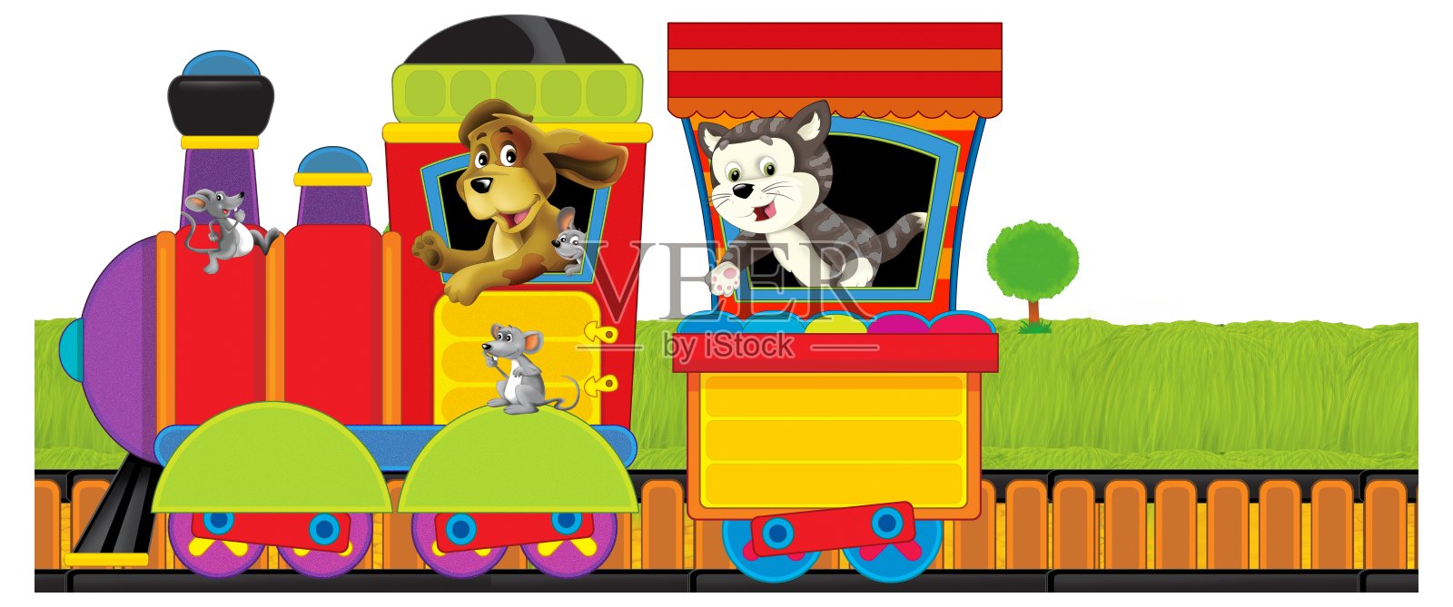 卡通有趣的火车车厢和机车与农场动物穿过草地插图儿童插画图片素材