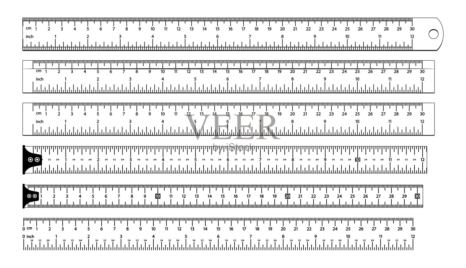 不同样式和长度的黑白测量尺。精密测量的理想选择插画图片素材