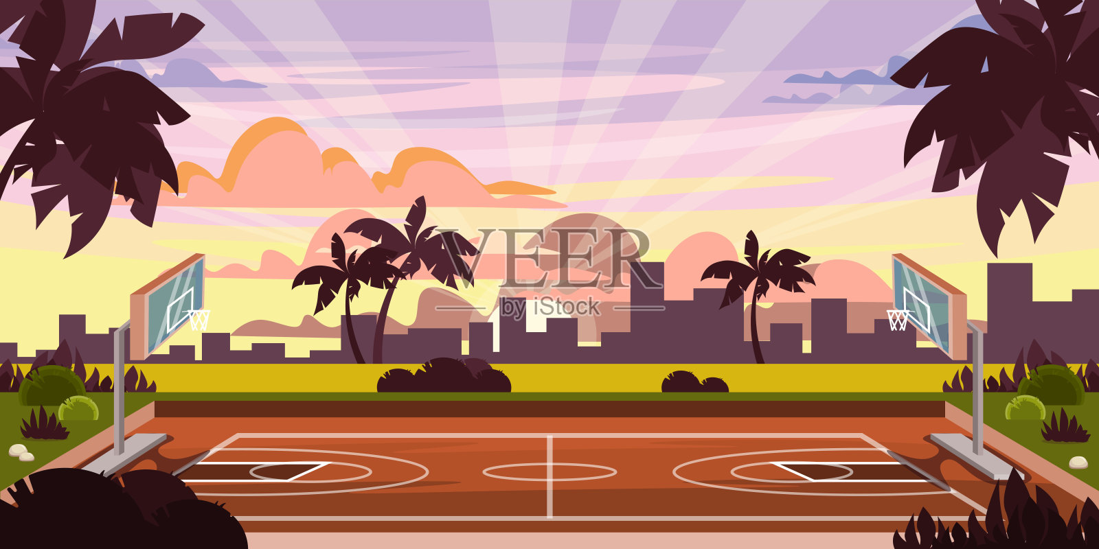 矢量插图的体育操场，篮球场。天空中美丽的日落或日出的卡通场景与柔和的云，房屋的剪影，棕榈树，篮球场与篮筐。插画图片素材