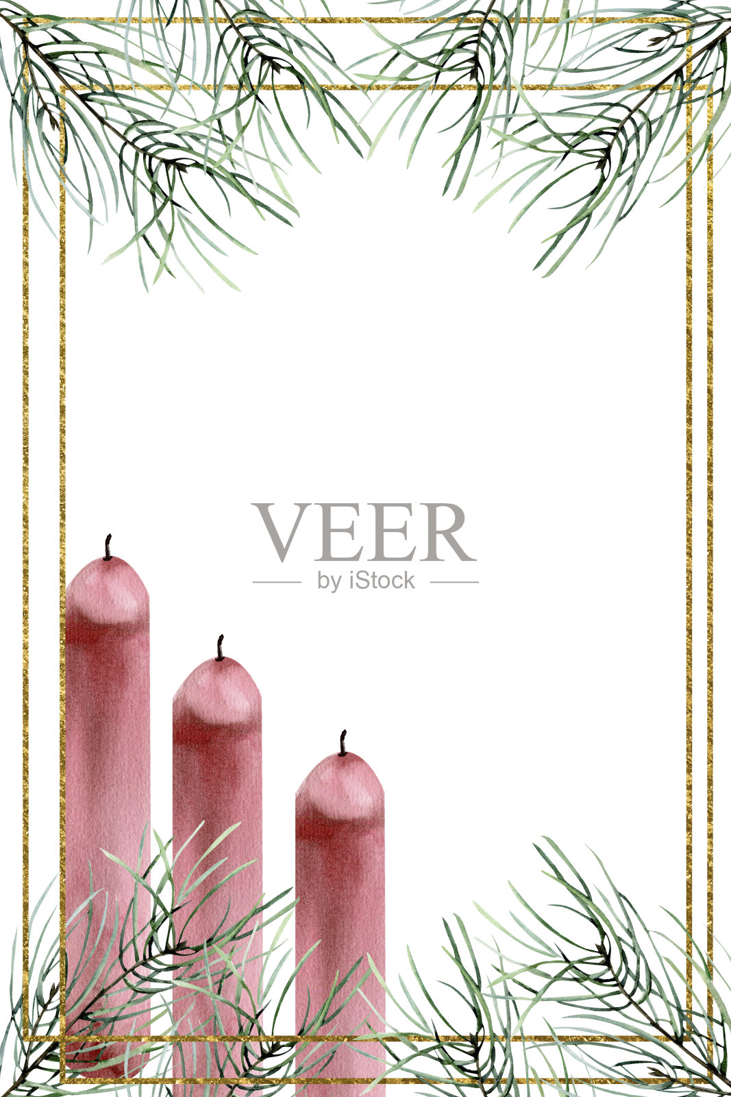水彩圣诞和新年卡片模板与绿色的松枝和红色的蜡烛。手绘冬季元素在金色框架的季节性派对邀请，贺卡，包装设计插画图片素材