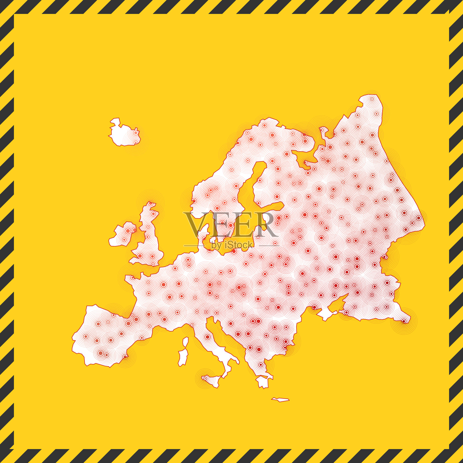 欧洲关闭病毒危险信号。锁定大陆图标。带有病毒传播概念的地图周围的黑色条纹边框。矢量插图。插画图片素材