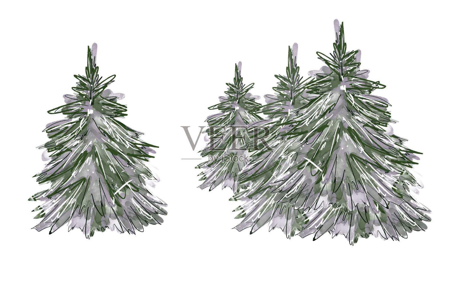 水彩松树，针叶林。手绘插图。寒假背景，白雪皑皑的乡村风光。冬季用冷杉或松树作圣诞贺卡、印刷品、请柬插画图片素材
