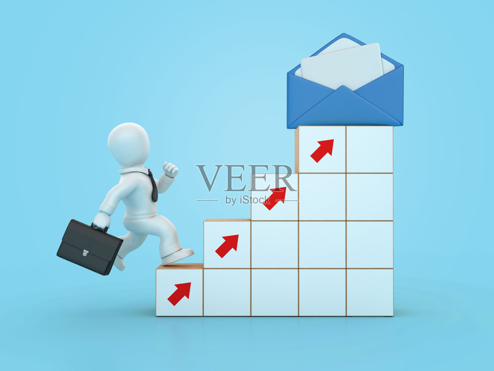 三维信封与箭头步骤和卡通商务人士照片摄影图片