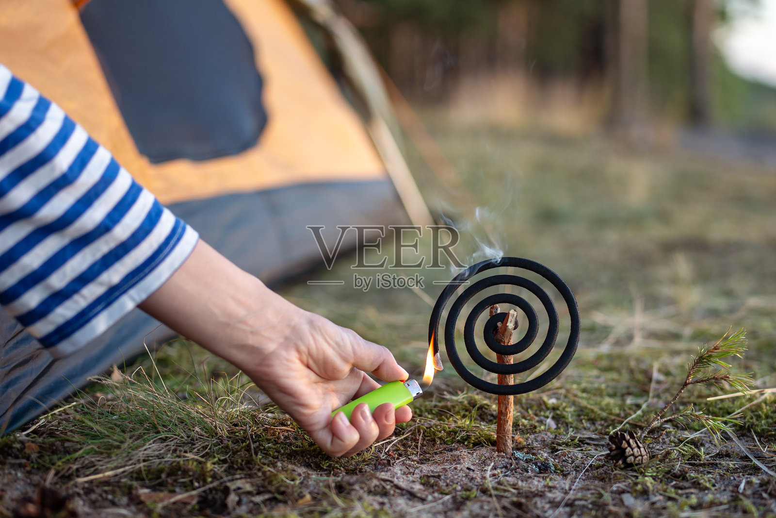 手用打火机点燃驱蚊线圈-熏烟器，用于驱除自然界中的昆虫照片摄影图片