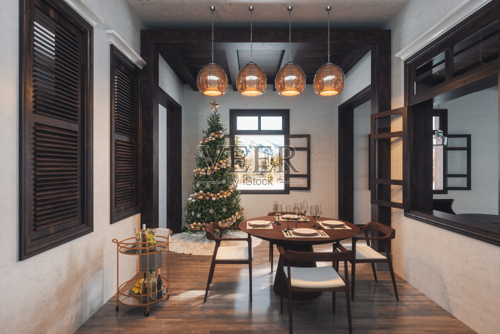 有圣诞树的餐厅照片摄影图片