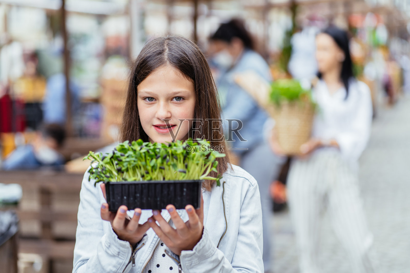 近距离的户外肖像，美丽快乐的西班牙裔男子穿着蓝色衬衫，微笑着带着牙齿，拿着花盆的微型蔬菜，在花园里工作。照片摄影图片