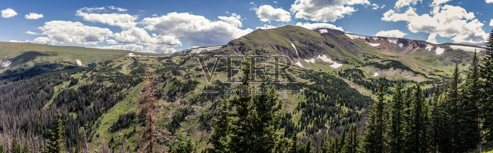 美国落基山脉国家公园的绿山与残雪的全景拍摄照片摄影图片