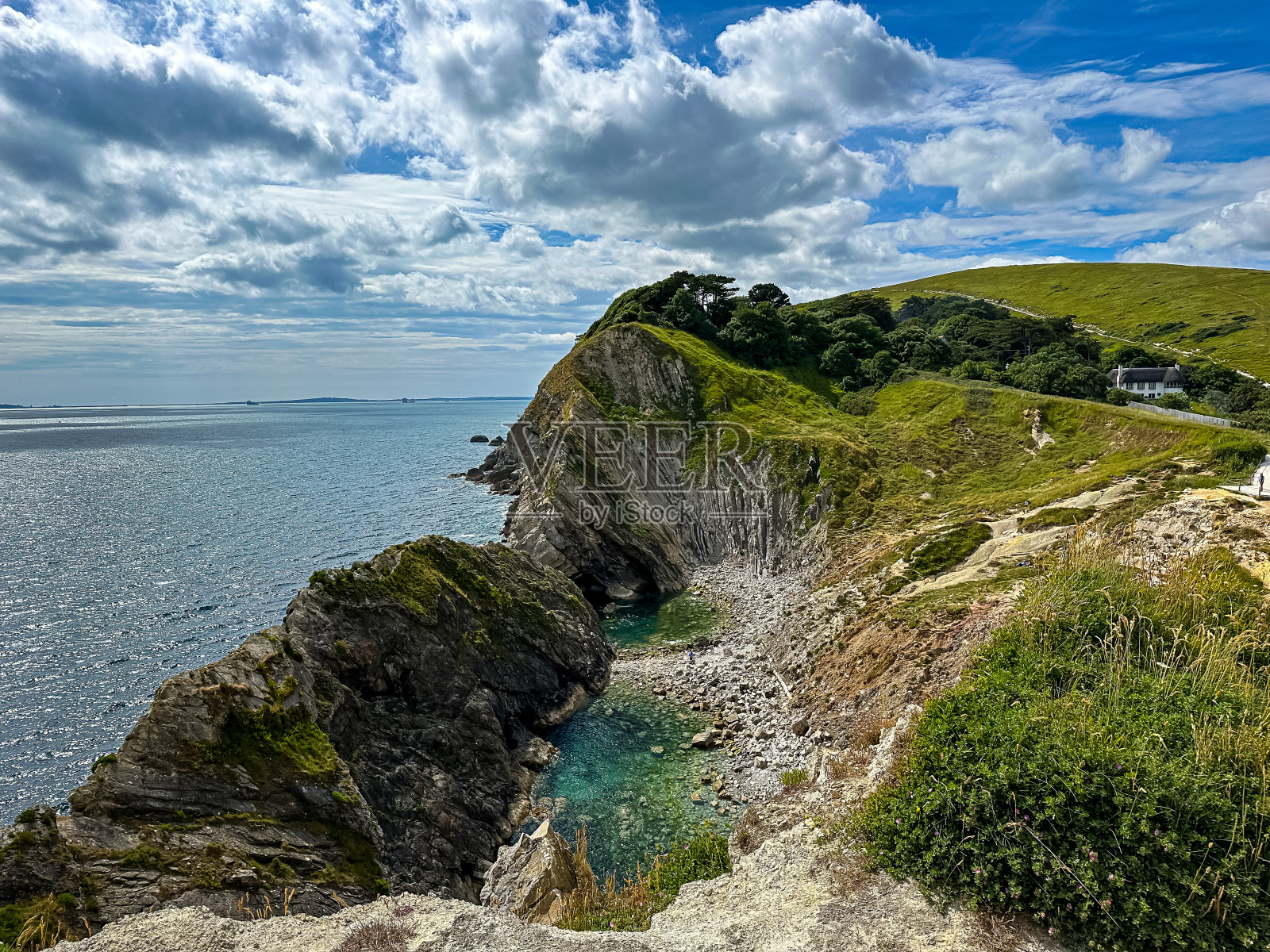 侏罗纪海岸景观在多塞特，英格兰，英国。卢沃斯湾附近的楼梯洞照片摄影图片