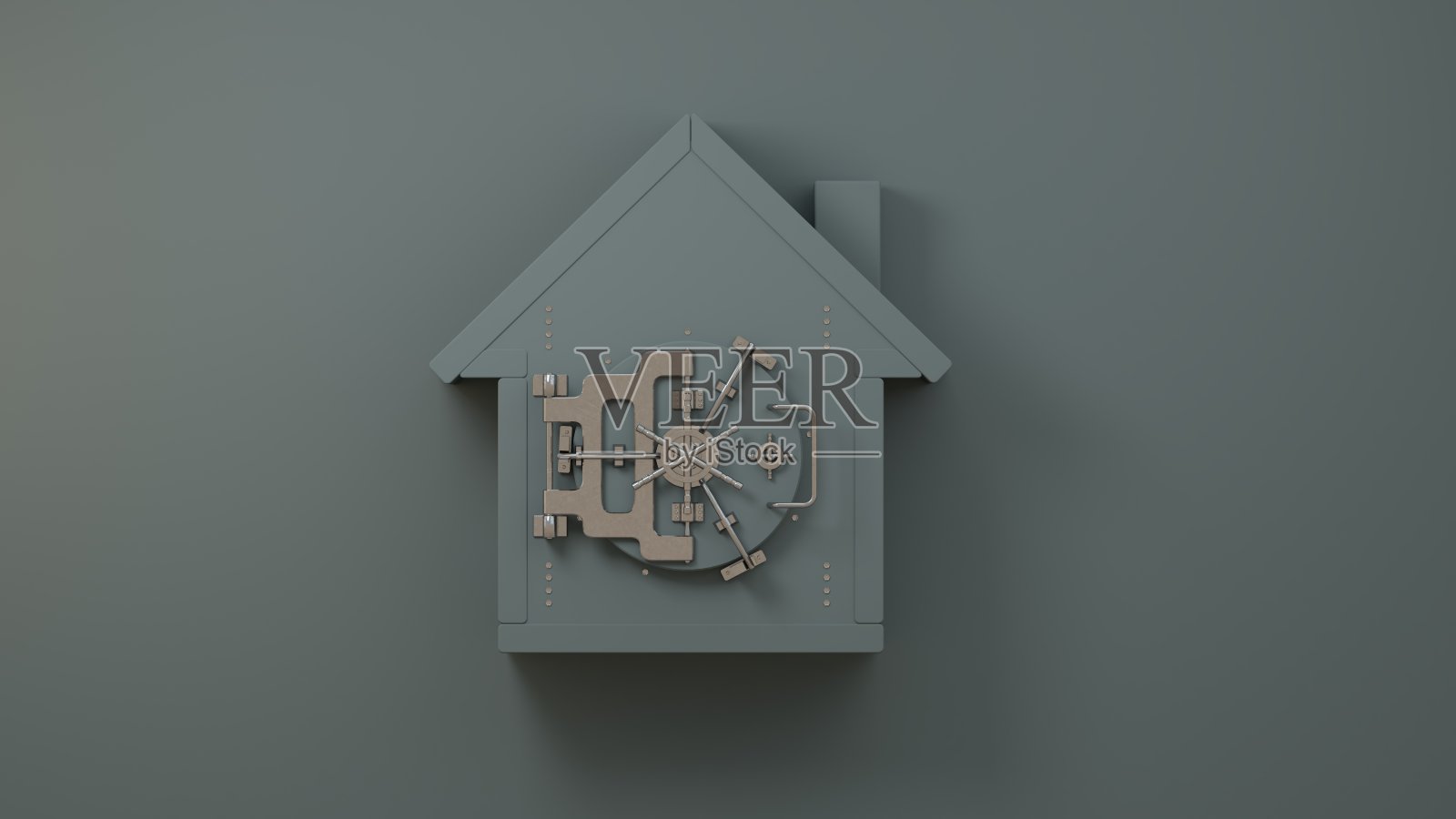 房子具有安全门、保护、投资、价值的理念。3D插图渲染。照片摄影图片