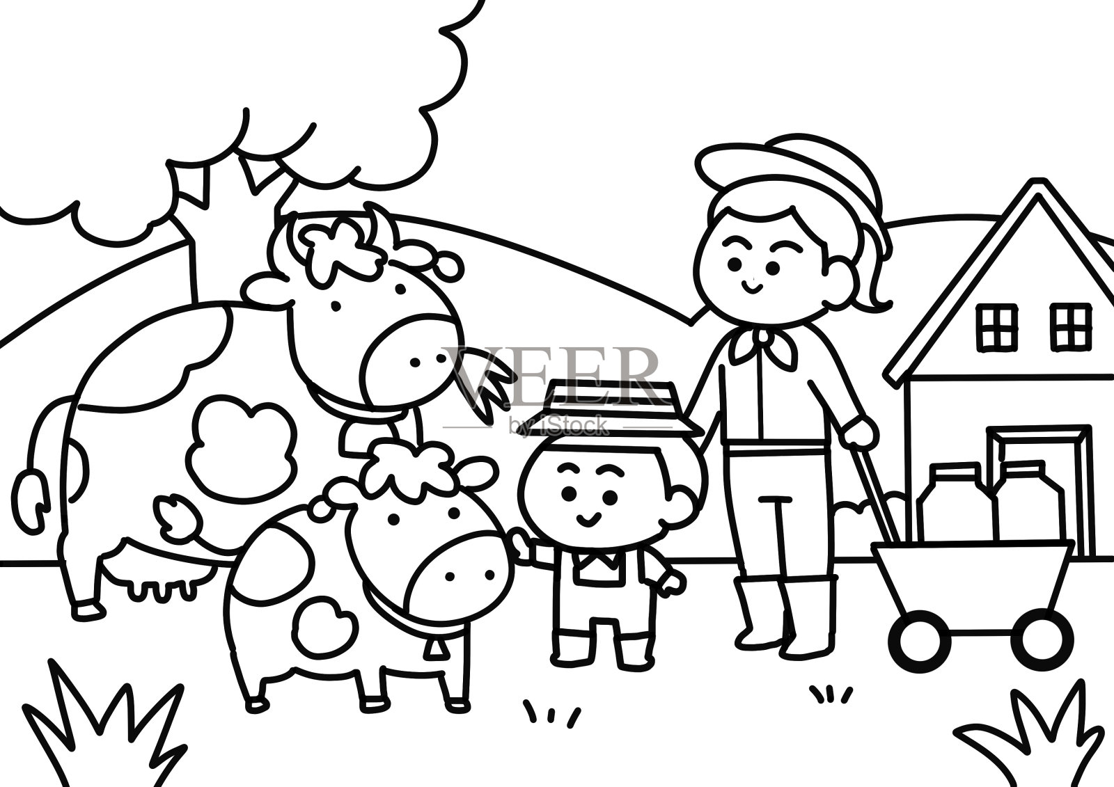 一家人在牛场工作。插画图片素材