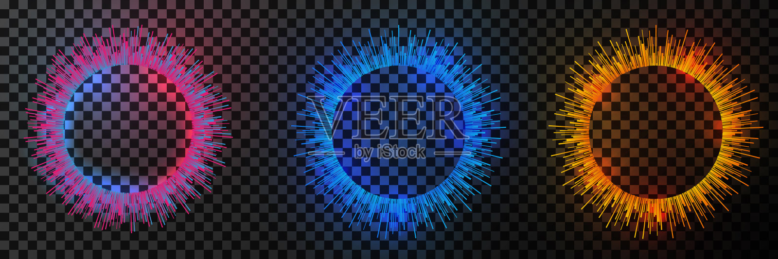 一组发光的光线和圆圈。霓虹灯，传送门，灯光效果，霓虹灯圈。插画图片素材