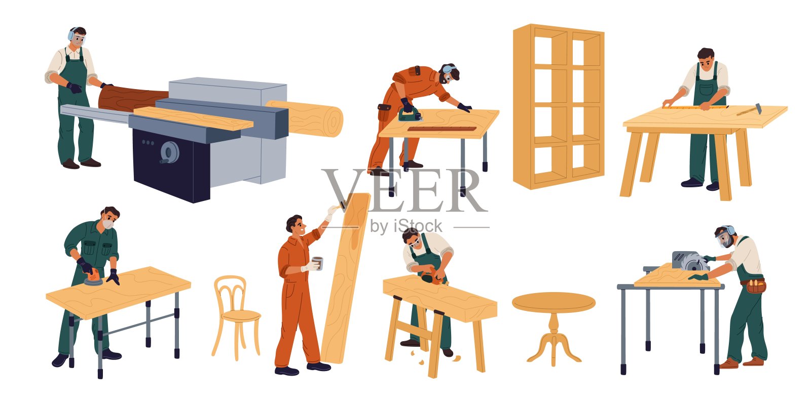 卡通木匠用木材。专业木工刨原木。锯木板和测量木板的人。家具制造加工。桌子或橱柜组件格里什向量集插画图片素材