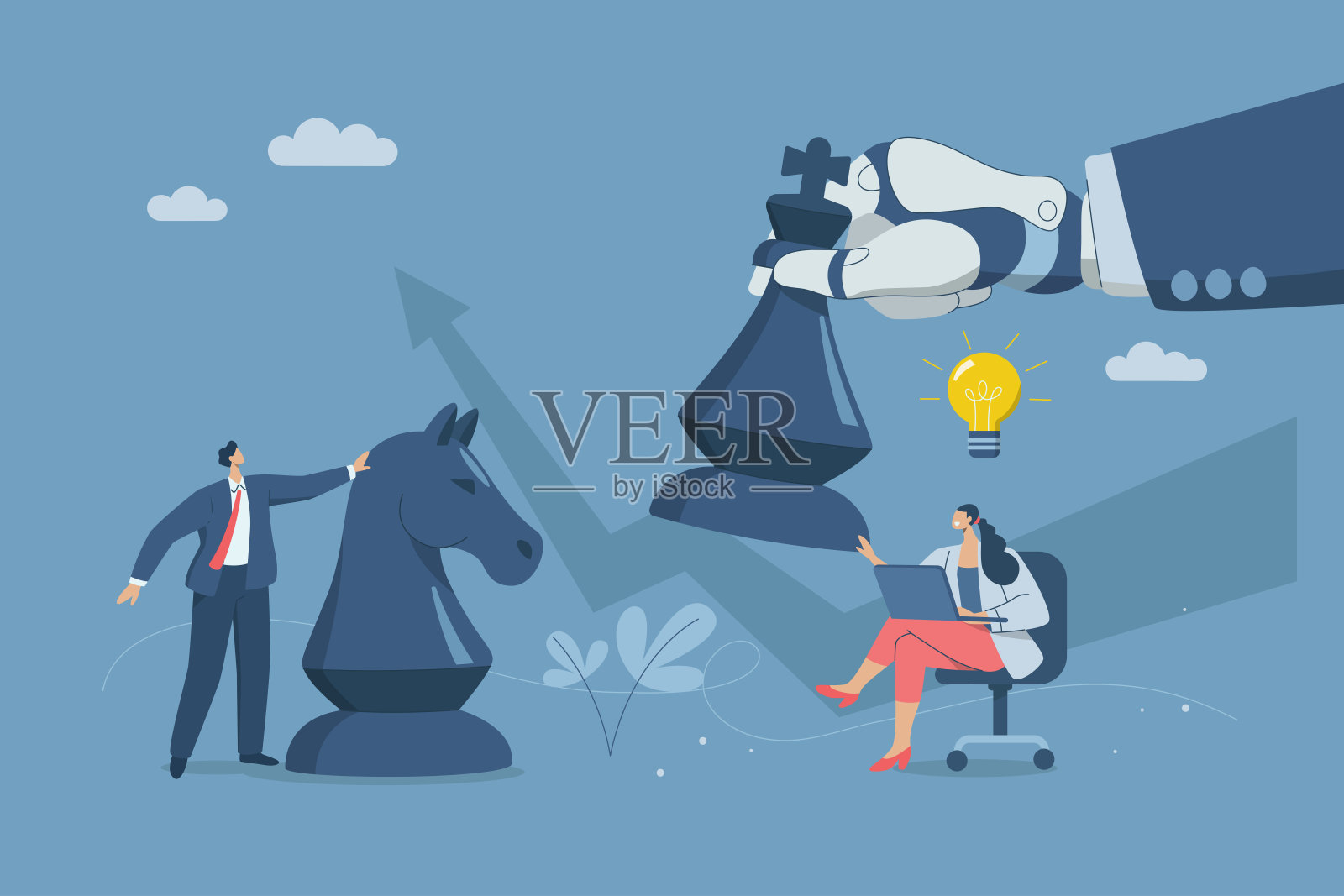 支持人工智能，规划战略，赢得竞争对手的商业竞争，与人工智能合作，女商人分析战略，机器人手拿车棋。插画图片素材