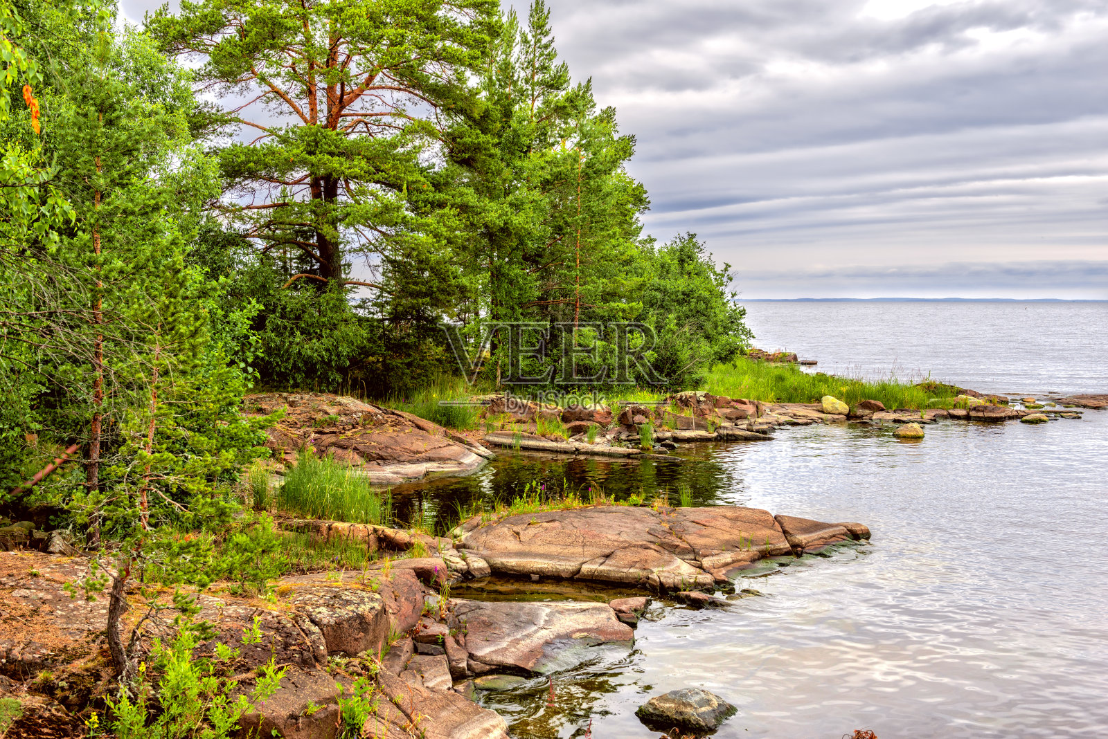 拉多加湖上瓦拉姆岛海岸的景观照片摄影图片